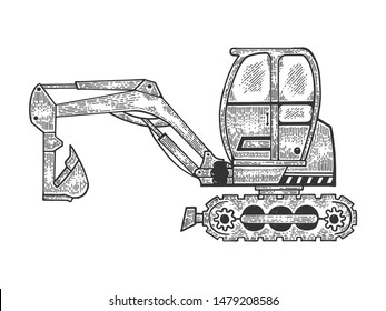 Excavator machine sketch engraving vector illustration. Scratch board style imitation. Black and white hand drawn image.