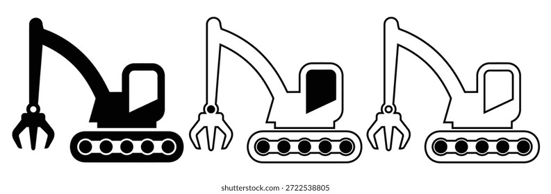 Máquinas excavadoras en diferentes estilos para proyectos de construcción, excavadora, icono en diseño de línea. Excavadora, construcción, equipo pesado, excavadora, máquina, movimiento de tierra, excavadora Iconos planos llenos 