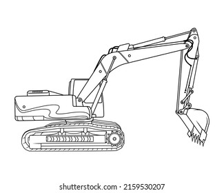 Excavator. Machines, thin line style, flat design. Pattern for coloring. Isolated vector illustration on white background