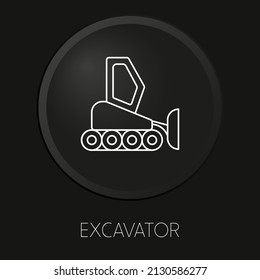 Icono de línea vectorial mínima de excavadora en botón 3D aislado en fondo negro. Vector Premium.