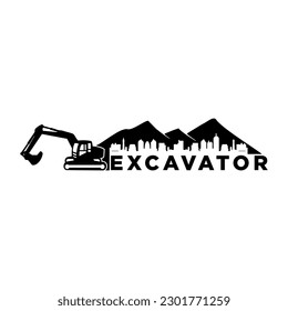 Excavator with mountain and the city vector logo