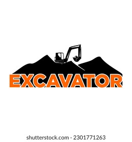 Excavator in the mountain vector logo