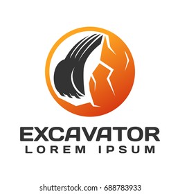 Excavator with Mountain Vector Logo Concept. Excavator logo. Excavator isolated. Digger, construction, backhoe, construction business icon. Construction equipment design elements.