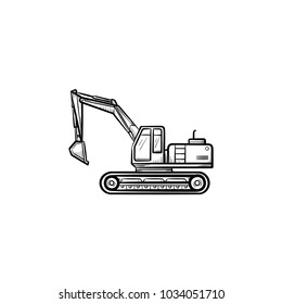 Excavator with moving backhoe hand drawn outline doodle icon. Machinery vector sketch illustration for print, web, mobile isolated on white background. Construction industry and machinery concept.
