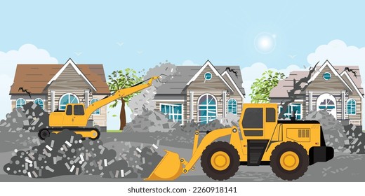 Excavator is moving rubble after the earthquake.Excavator working at the disaster scene clearing the debris.Debris being cleared in heavily damaged.Rebuilding after the earthquake.vector illustration.