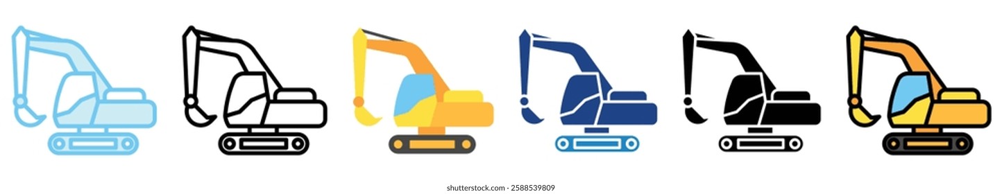 Excavator multi style, mini illustration icon. outline, flat, glyph, line color, UI, UX, app and web, digital or print. related to heavy machinery, industry, road construction theme