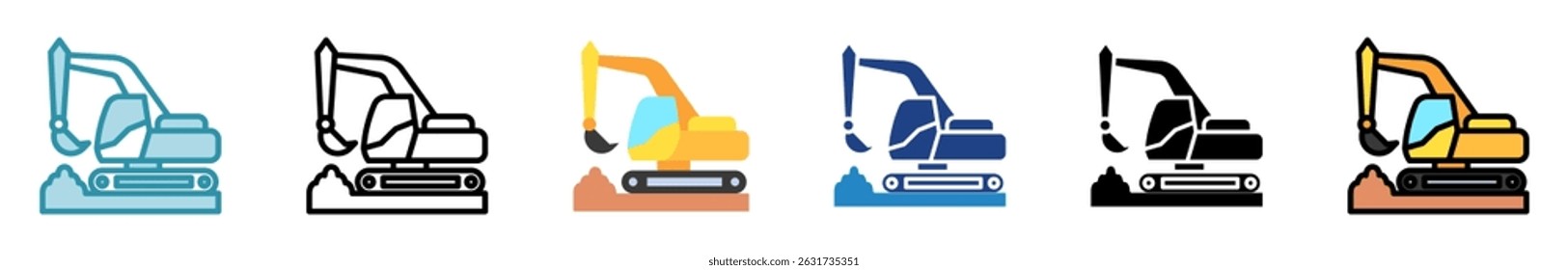 Escavadora multi estilo, mini ilustração ícone conjunto. contorno, plano, glifo, cor da linha. vetor para IU, UX, aplicativo, web, digital ou impressão, relacionado à indústria, construção, engenharia civil.