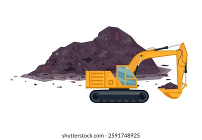 Excavator near ground, trash or coal pile. Construction site, mining quarry or landfill with yellow digger. Earthworks concept. Heavy machinery during building process. Flat or cartoon isolated vector