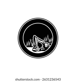 Excavator nestled amid pines circular emblem
