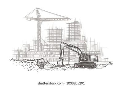 Excavator on construction site hand drawn illustration. Vector. 