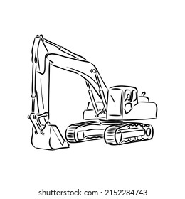 Excavator on construction site hand drawn illustration. Vector.