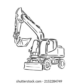 Excavator on construction site hand drawn illustration. Vector.