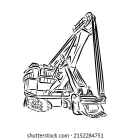 Excavator on construction site hand drawn illustration. Vector.