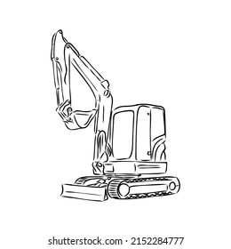 Excavator on construction site hand drawn illustration. Vector.