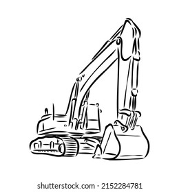 Excavator on construction site hand drawn illustration. Vector.