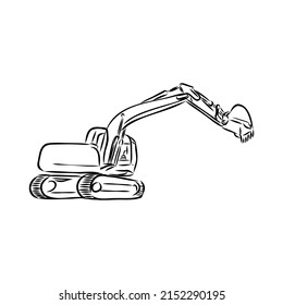 Excavator on construction site hand drawn illustration. Vector.
