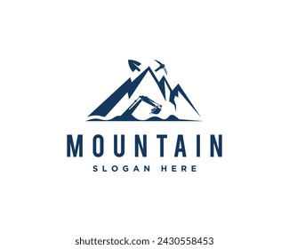 Excavator on the mountain mining logo design concept vector template.