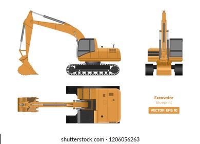 Excavator on white background. Top, side and front view. Hydraulic machinery image. Industrial drawing. Diesel digger blueprint. Vector isolated illustration