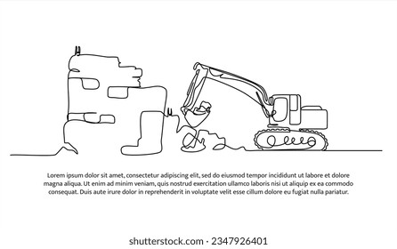 Bagger eine durchgängige Linie Design. Bautransportsymbol, Vektorgrafik. Dekorative Elemente auf weißem Hintergrund.