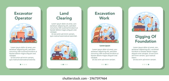 Excavator operator mobile application banner set. Industrial builder