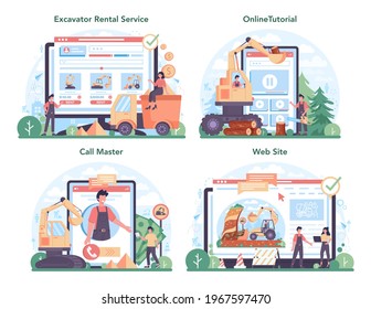 Excavator operator online service or platform set. Driver excavating the land