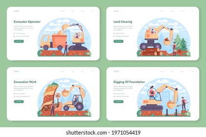 Excavator operator web banner or landing page set. Industrial builder or driver excavating the land for building foundation or underground work. City development. Flat vector illustration