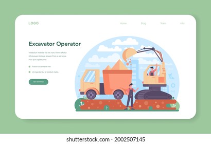 Excavator Operator Web Banner Or Landing Page. Industrial Builder Or Driver Excavating The Land For Building Foundation Or Underground Work. City Development. Flat Vector Illustration