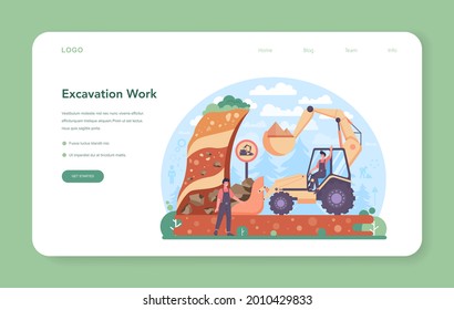 Excavator operator web banner or landing page. Industrial builder or driver excavating the land for building foundation or underground work. City development. Flat vector illustration