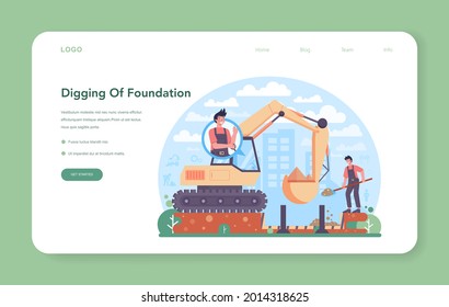 Excavator operator web banner or landing page. Industrial builder or driver excavating the land for building foundation or underground work. City development. Flat vector illustration