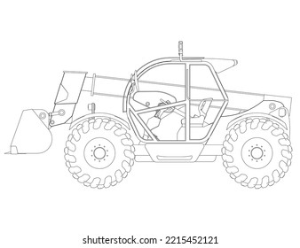 Excavator outline from black lines isolated on white background. Detailed tractor. Side view. 3D. Vector illustration.