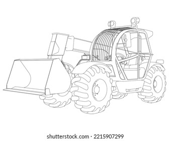 Excavator outline from black lines isolated on white background. Detailed tractor. Front view. 3D. Vector illustration.