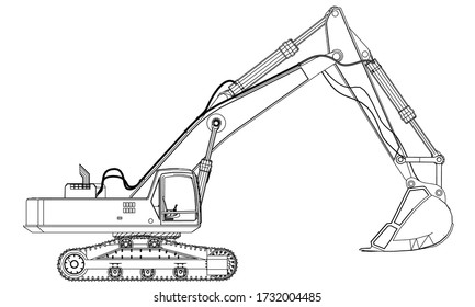 Excavator Outline Vector. Special Machines For The Building Work.