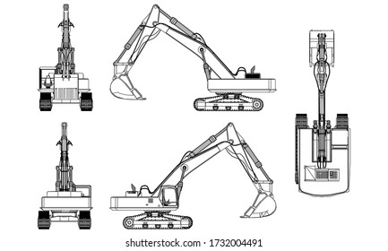 Vector de contorno de excavador. Máquinas especiales para la construcción.