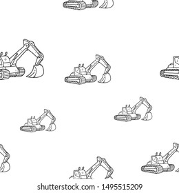 Excavator pattern illustration and tractor hand drawn line art. Kids heavy equipment pattern for education.
