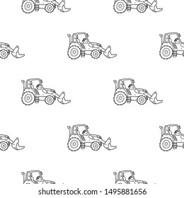 Excavator pattern illustration and tractor hand drawn line art. Kids heavy equipment pattern for education.