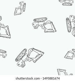 Excavator pattern illustration and tractor hand drawn line art. Kids heavy equipment pattern for education.