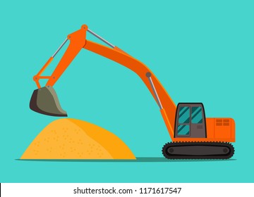 Excavator and pile of sand isolated. Vector flat style illustration