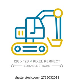 Excavator pixel perfect two color line icon. Mechanical shovel. Heavy construction equipment. Digging machinery bicolor outline symbol. Duotone linear pictogram. Isolated illustration. Editable stroke