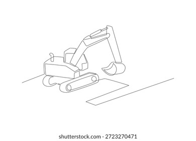 Ein Bagger, der die Fahrbahn vorbereitet. Bau Straße Dan Gebäudekonzept. Einzeiliges Zeichnungsdesign. Vektorgrafik