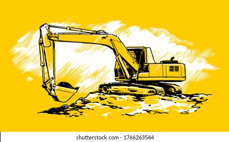Excavator in a quarry. Hand Drawn illustration