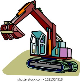 Excavator with a raised bucket.