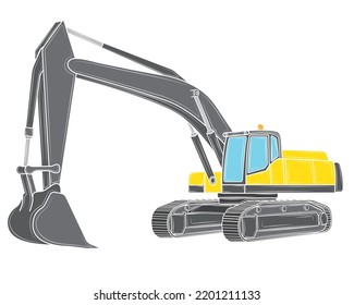 Excavator with a raised bucket in isolate on a white background.Construction machinery. Vector illustration.
