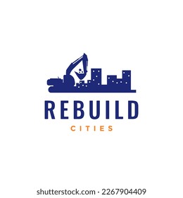 excavator rebuilding construction city apartment logo design vector icon