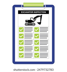 Excavator safety inspection checklist document. Paper board holder with green checkmark item point of checking. Vector illustration of heavy equipment analysis.