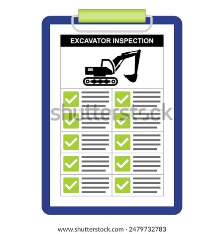 Excavator safety inspection checklist document. Paper board holder with green checkmark item point of checking. Vector illustration of heavy equipment analysis.