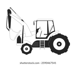 Excavator side view black and white 2D line object. Cabin, digging arm vehicle and tires. Industrial equipment. Heavy machinery isolated clip art vector outline item. Monochromatic spot illustration