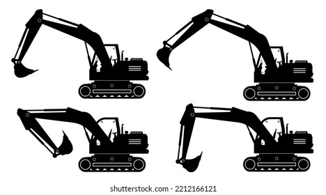 Excavator silhouette on white background. Construction and mining vehicle icons set view from side.