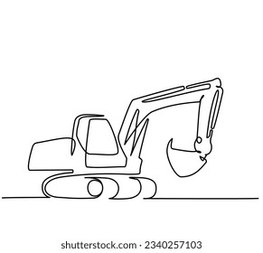 Excavator silhouette on white background. Continuous one line drawing. Vector icon illustration