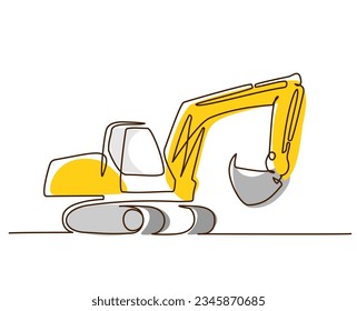 Excavator silhouette on white background. Continuous one line drawing. Vector icon illustration Colored single line art