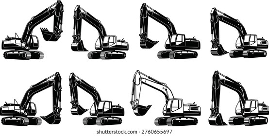 Excavator Silhouette Set featuring Heavy Construction Machinery, Industrial Diggers, Backhoe Equipment, Building Site Vehicles, Earthmoving Tools, CAD Drawing Flat Vector Illustration.